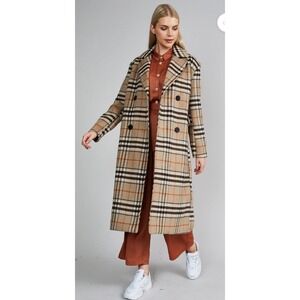 Native Youth Classic Plaid Long Trench Coat Double Breasted Beige Tan Women XS